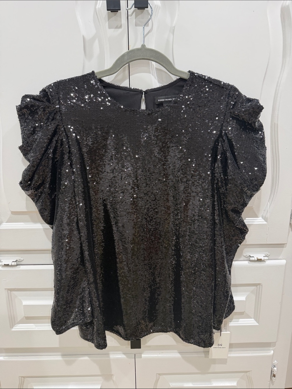 Something Navy Black Sequin Ruffle Sleeve Top